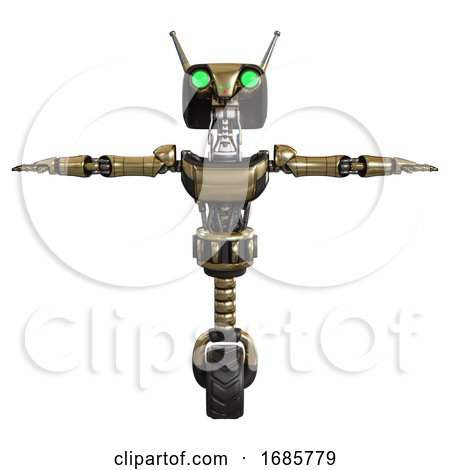 Robot Containing Dual Retro Camera Head and Cyborg Antenna Head and Light Chest Exoshielding and Ultralight Chest Exosuit and Unicycle Wheel. Gold. T-pose. by Leo Blanchette