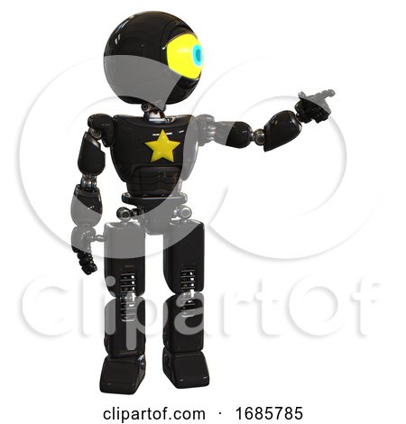 Bot Containing Giant Eyeball Head Design and Light Chest Exoshielding and Yellow Star and Prototype Exoplate Legs. Black. Pointing Left or Pushing a Button.. by Leo Blanchette