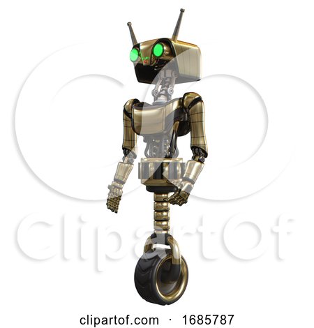 Robot Containing Dual Retro Camera Head and Cyborg Antenna Head and Light Chest Exoshielding and Ultralight Chest Exosuit and Unicycle Wheel. Gold. Facing Right View. by Leo Blanchette