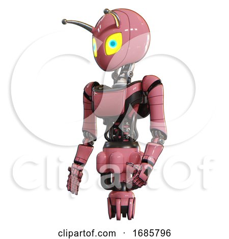 Bot Containing Grey Alien Style Head and Yellow Eyes with Blue Pupils and Bug Antennas and Light Chest Exoshielding and Ultralight Chest Exosuit and Jet Propulsion. Pink. Facing Right View. by Leo Blanchette