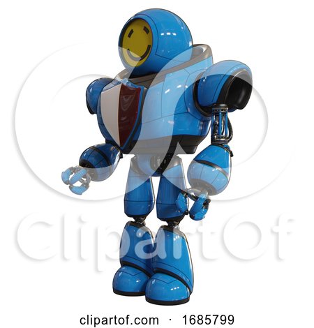 Android Containing Round Head Yellow Happy Face and Heavy Upper Chest and Red Shield Defense Design and Light Leg Exoshielding. Blue. Facing Right View. by Leo Blanchette