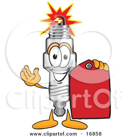Clipart Picture of a Spark Plug Mascot Cartoon Character Holding a Red Clearance Sales Price Tag by Mascot Junction