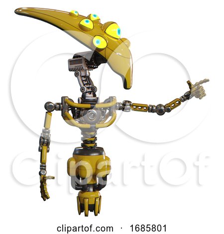 Mech Containing Flat Elongated Skull Head and Yellow Eyeball Array and Light Chest Exoshielding and No Chest Plating and Jet Propulsion. Yellow. Pointing Left or Pushing a Button.. by Leo Blanchette