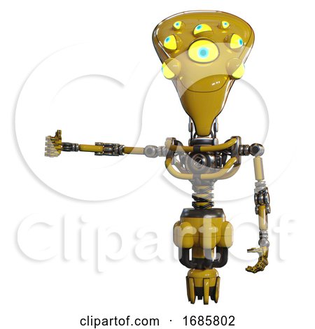 Mech Containing Flat Elongated Skull Head and Yellow Eyeball Array and Light Chest Exoshielding and No Chest Plating and Jet Propulsion. Yellow. Arm out Holding Invisible Object.. by Leo Blanchette