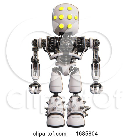 Cyborg Containing Round Head and Yellow Eyes Array and Heavy Upper Chest and No Chest Plating and Light Leg Exoshielding and Spike Foot Mod. White. Front View. by Leo Blanchette