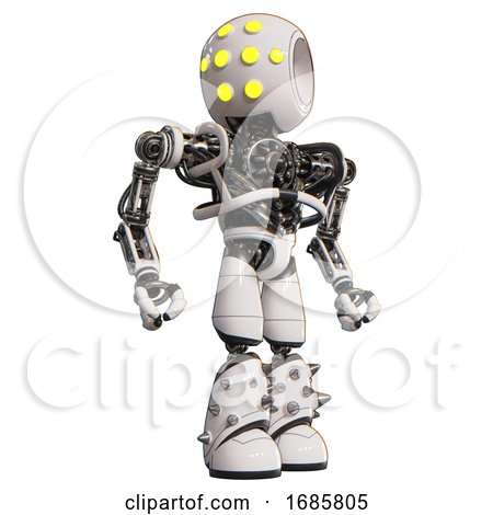 Cyborg Containing Round Head and Yellow Eyes Array and Heavy Upper Chest and No Chest Plating and Light Leg Exoshielding and Spike Foot Mod. White. Hero Pose. by Leo Blanchette