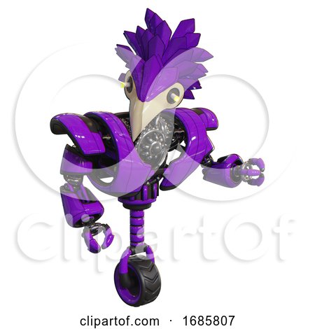 Robot Containing Bird Skull Head and Yellow Led Protruding Eyes and Bird Feather Design and Heavy Upper Chest and Heavy Mech Chest and Unicycle Wheel. Purple. Fight or Defense Pose.. by Leo Blanchette