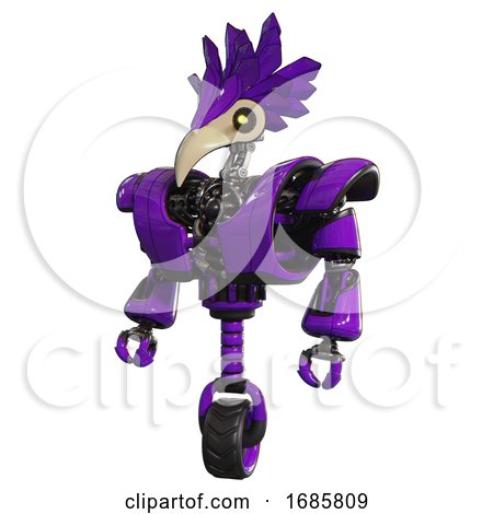 Robot Containing Bird Skull Head and Yellow Led Protruding Eyes and Bird Feather Design and Heavy Upper Chest and Heavy Mech Chest and Unicycle Wheel. Purple. Standing Looking Right Restful Pose. by Leo Blanchette