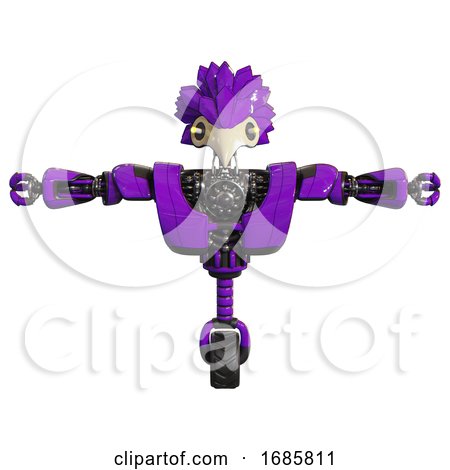 Robot Containing Bird Skull Head and Yellow Led Protruding Eyes and Bird Feather Design and Heavy Upper Chest and Heavy Mech Chest and Unicycle Wheel. Purple. T-pose. by Leo Blanchette