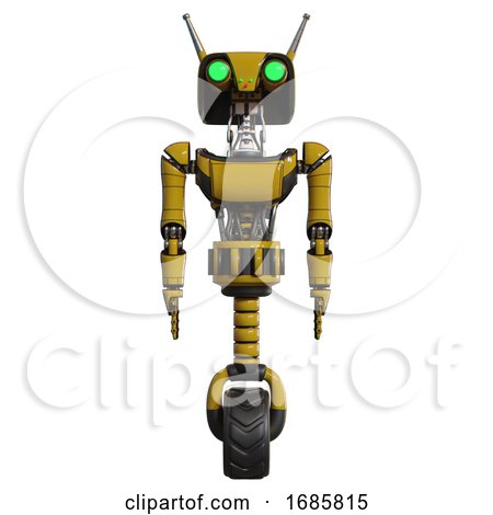 Droid Containing Dual Retro Camera Head and Cyborg Antenna Head and Light Chest Exoshielding and Ultralight Chest Exosuit and Unicycle Wheel. Yellow. Front View. by Leo Blanchette