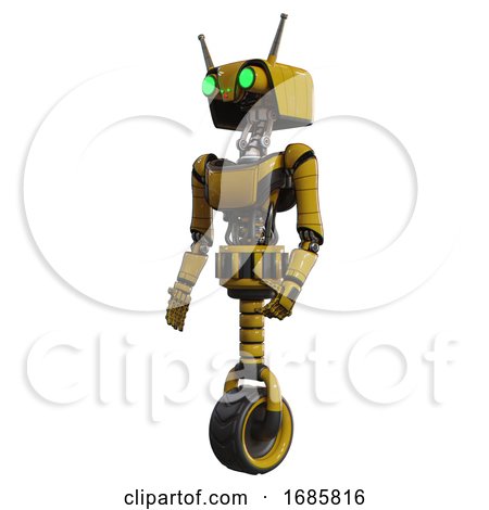 Droid Containing Dual Retro Camera Head and Cyborg Antenna Head and Light Chest Exoshielding and Ultralight Chest Exosuit and Unicycle Wheel. Yellow. Facing Right View. by Leo Blanchette