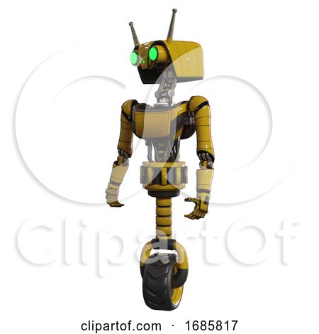 Droid Containing Dual Retro Camera Head and Cyborg Antenna Head and Light Chest Exoshielding and Ultralight Chest Exosuit and Unicycle Wheel. Yellow. Standing Looking Right Restful Pose. by Leo Blanchette