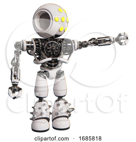Cyborg Containing Round Head and Yellow Eyes Array and Heavy Upper Chest and No Chest Plating and Light Leg Exoshielding and Spike Foot Mod. White. Pointing Left or Pushing a Button.. by Leo Blanchette