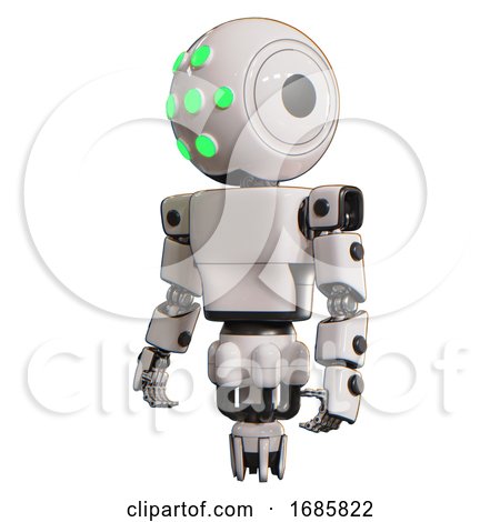 Bot Containing Round Head and Green Eyes Array and Light Chest Exoshielding and Prototype Exoplate Chest and Jet Propulsion. White. Standing Looking Right Restful Pose. by Leo Blanchette