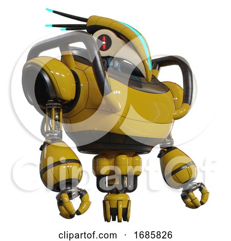 Mech Containing Bird Skull Head and Red Line Eyes and Head Shield Design and Heavy Upper Chest and Jet Propulsion. Yellow. Facing Left View. by Leo Blanchette