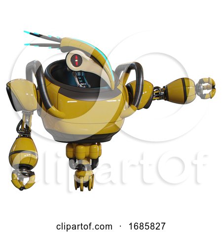 Mech Containing Bird Skull Head and Red Line Eyes and Head Shield Design and Heavy Upper Chest and Jet Propulsion. Yellow. Pointing Left or Pushing a Button.. by Leo Blanchette