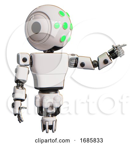 Bot Containing Round Head and Green Eyes Array and Light Chest Exoshielding and Prototype Exoplate Chest and Jet Propulsion. White. Pointing Left or Pushing a Button.. by Leo Blanchette