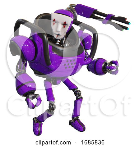 Robot Containing Humanoid Face Mask and Red Clown Marks and Heavy Upper Chest and Ultralight Foot Exosuit. Purple. Fight or Defense Pose.. by Leo Blanchette