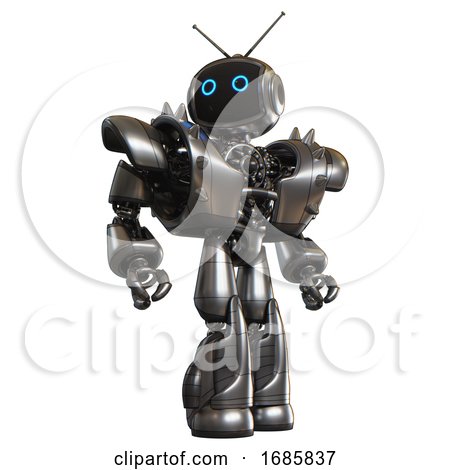 Android Containing Digital Display Head and Circle Eyes and Retro Antennas and Heavy Upper Chest and Heavy Mech Chest and Shoulder Spikes and Light Leg Exoshielding and Stomper Foot Mod. Metal. by Leo Blanchette
