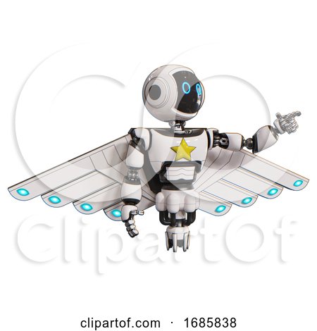 Automaton Containing Digital Display Head and Circle Eyes and Light Chest Exoshielding and Yellow Star and Cherub Wings Design and Jet Propulsion. White. Pointing Left or Pushing a Button.. by Leo Blanchette