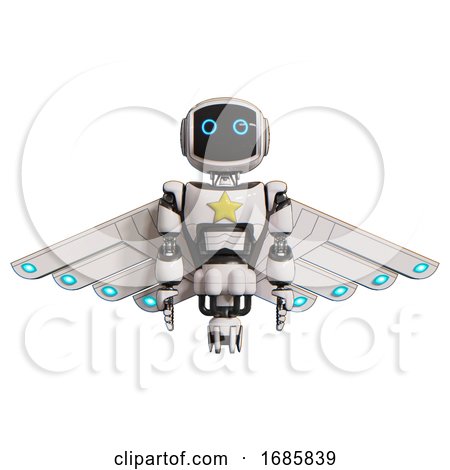 Automaton Containing Digital Display Head and Circle Eyes and Light Chest Exoshielding and Yellow Star and Cherub Wings Design and Jet Propulsion. White. Front View. by Leo Blanchette