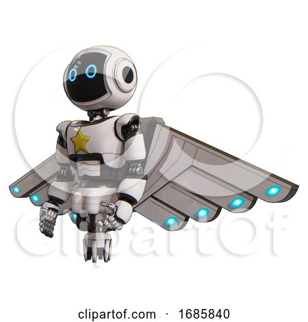 Automaton Containing Digital Display Head and Circle Eyes and Light Chest Exoshielding and Yellow Star and Cherub Wings Design and Jet Propulsion. White. Facing Right View. by Leo Blanchette