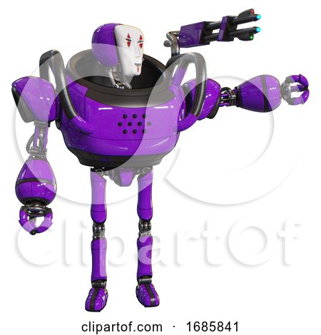 Robot Containing Humanoid Face Mask and Red Clown Marks and Heavy Upper Chest and Ultralight Foot Exosuit. Purple. Pointing Left or Pushing a Button.. by Leo Blanchette