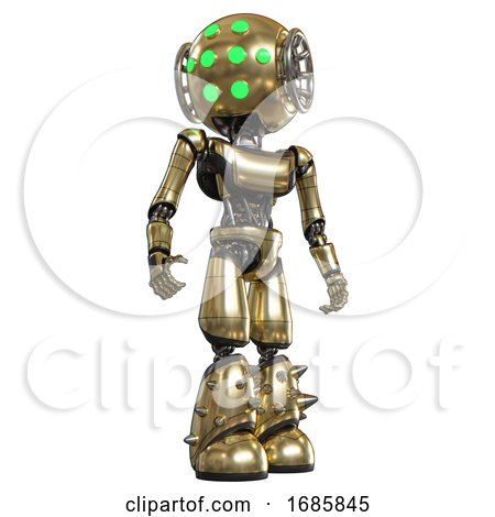 Mech Containing Round Head and Green Eyes Array and Light Chest Exoshielding and Ultralight Chest Exosuit and Light Leg Exoshielding and Spike Foot Mod. Gold. Hero Pose. by Leo Blanchette