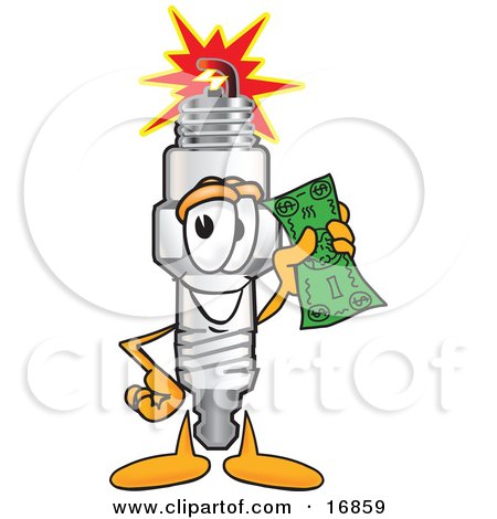 Clipart Picture of a Spark Plug Mascot Cartoon Character Holding a Green Dollar Bill by Mascot Junction