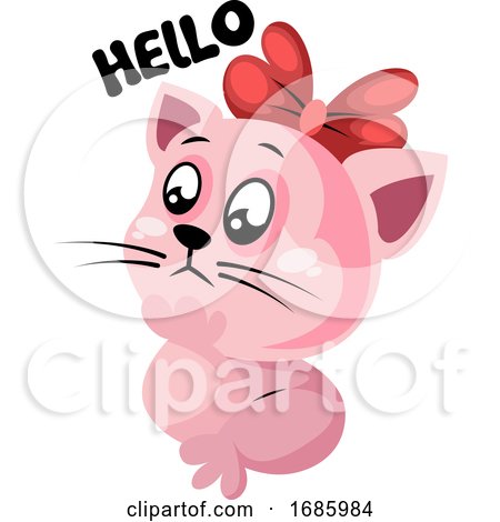 Baby pink kitty with red bow saying Hello by Morphart Creations
