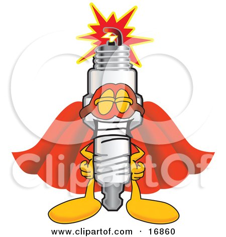 Clipart Picture of a Spark Plug Mascot Cartoon Character Dressed as a Super Hero by Mascot Junction