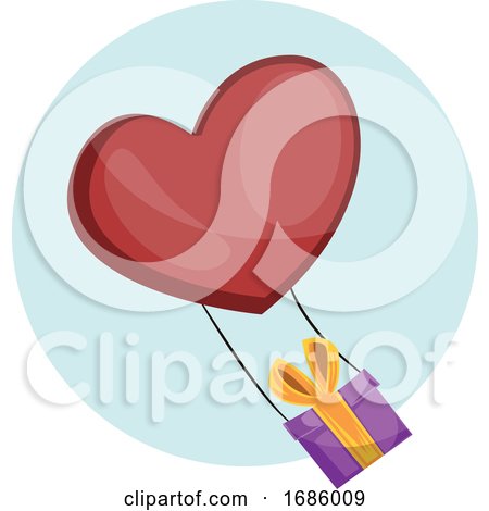 Purple Gift Box with Yellow Ribbon Tied on a Heart Shaped Red Balloon Vector Illustrtation in Light Blue Circle on White Background. by Morphart Creations