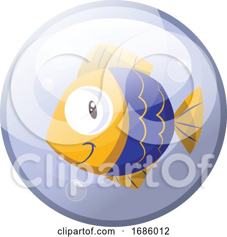 Cartoon Character of a Blue and Yellow Fish Smiling in the Water Vector Illustration in Light Purple Circle on White Background. by Morphart Creations