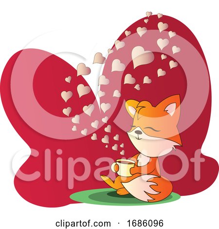 Fox Sitting and Drinking a Cup of Coffee Vector Illistration in Red Blob on White Background by Morphart Creations
