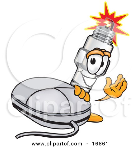 Clipart Picture of a Spark Plug Mascot Cartoon Character Standing by a Computer Mouse and Waving by Mascot Junction