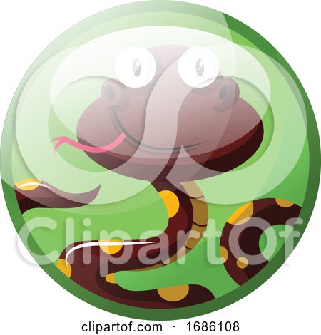 Cartoon Character of Dark Red with Yellow Dots Smiling Snake Vector Illustration in Light Green Circle on White Background by Morphart Creations