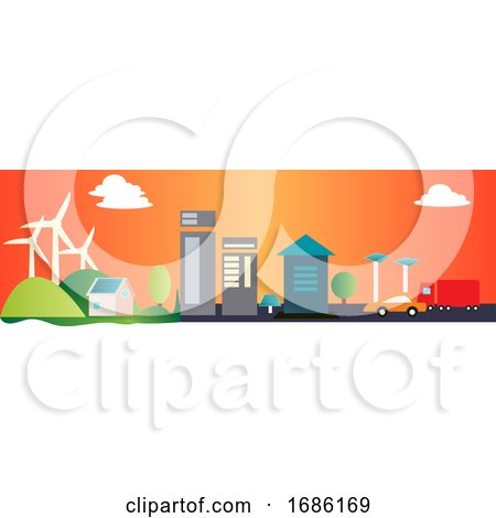 City Landscape with Windmills in the Background Illustration Vector on White Background by Morphart Creations