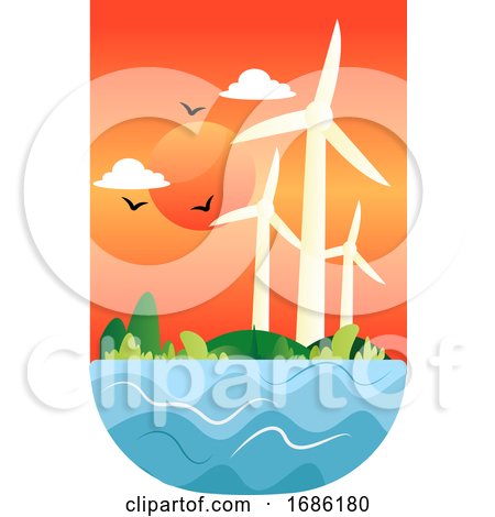 Illustration of Windmills at a Sunset Illustration Vector on White Background by Morphart Creations
