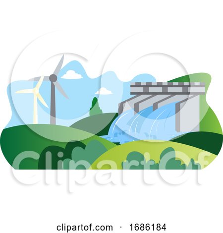 Illutration of Windmill and Hydroelectric Energy As a Eco Sources Illustration Vector on White Background by Morphart Creations