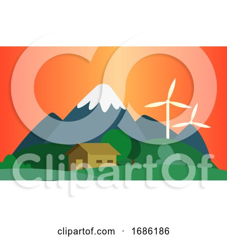 Sunset in the Mountains Where They Use Wind As a Resource Illustration Vector on White Background by Morphart Creations