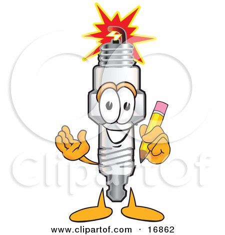 Clipart Picture of a Spark Plug Mascot Cartoon Character Holding a Yellow Pencil by Mascot Junction