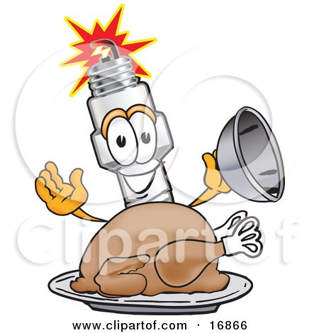 Clipart Picture of a Spark Plug Mascot Cartoon Character Serving a Thanksgiving Turkey on a Platter by Mascot Junction