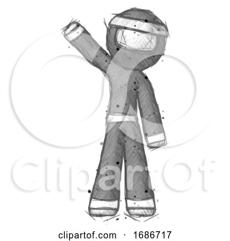 Sketch Ninja Warrior Man Waving Emphatically with Right Arm by Leo Blanchette