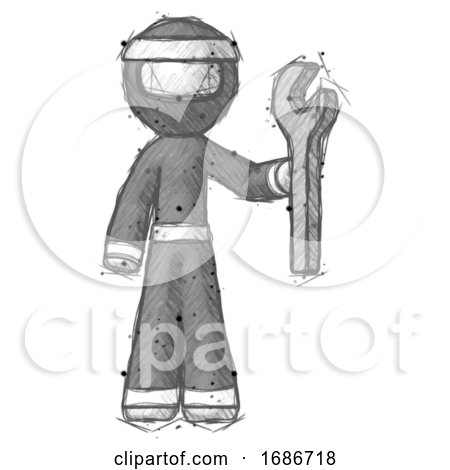 Sketch Ninja Warrior Man Holding Wrench Ready to Repair or Work by Leo Blanchette