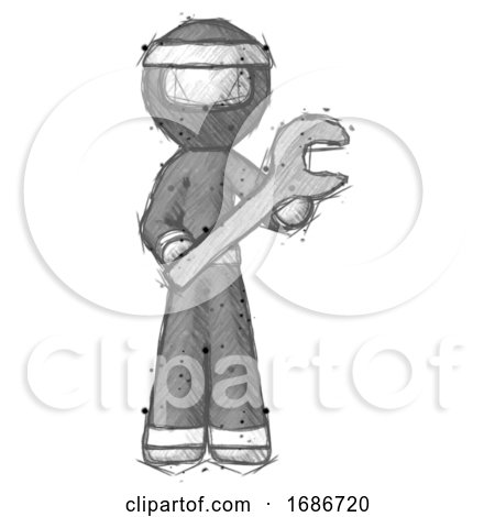 Sketch Ninja Warrior Man Holding Large Wrench with Both Hands by Leo Blanchette