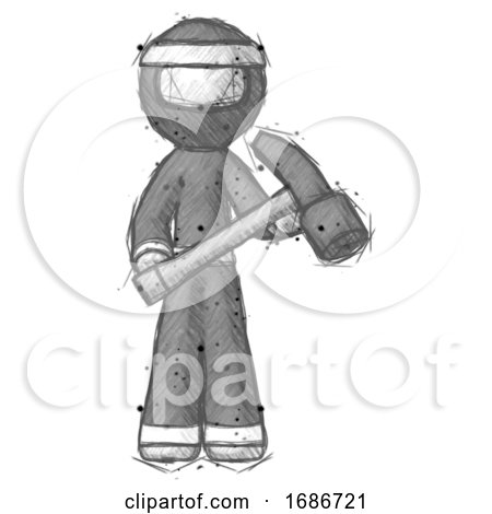 Sketch Ninja Warrior Man Holding Hammer Ready to Work by Leo Blanchette