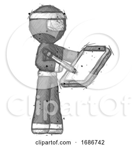 Sketch Ninja Warrior Man Using Clipboard and Pencil by Leo Blanchette
