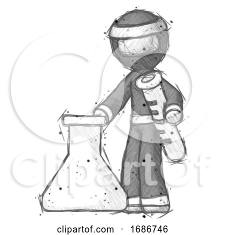 Sketch Ninja Warrior Man Holding Test Tube Beside Beaker or Flask by Leo Blanchette