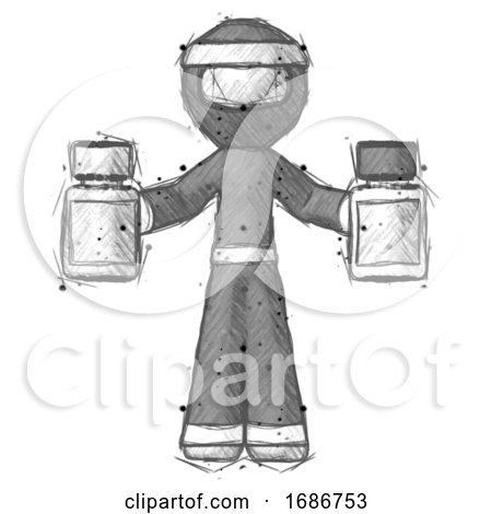 Sketch Ninja Warrior Man Holding Two Medicine Bottles by Leo Blanchette