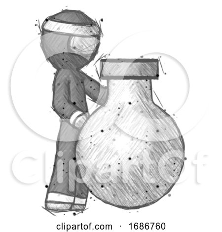 Sketch Ninja Warrior Man Standing Beside Large Round Flask or Beaker by Leo Blanchette